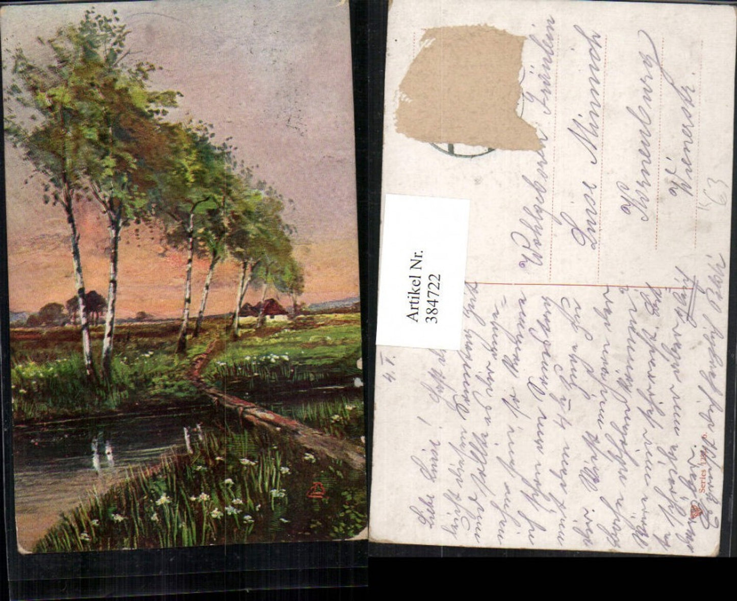 384722,Künstler AK Landschaft Birken Bäume Bach