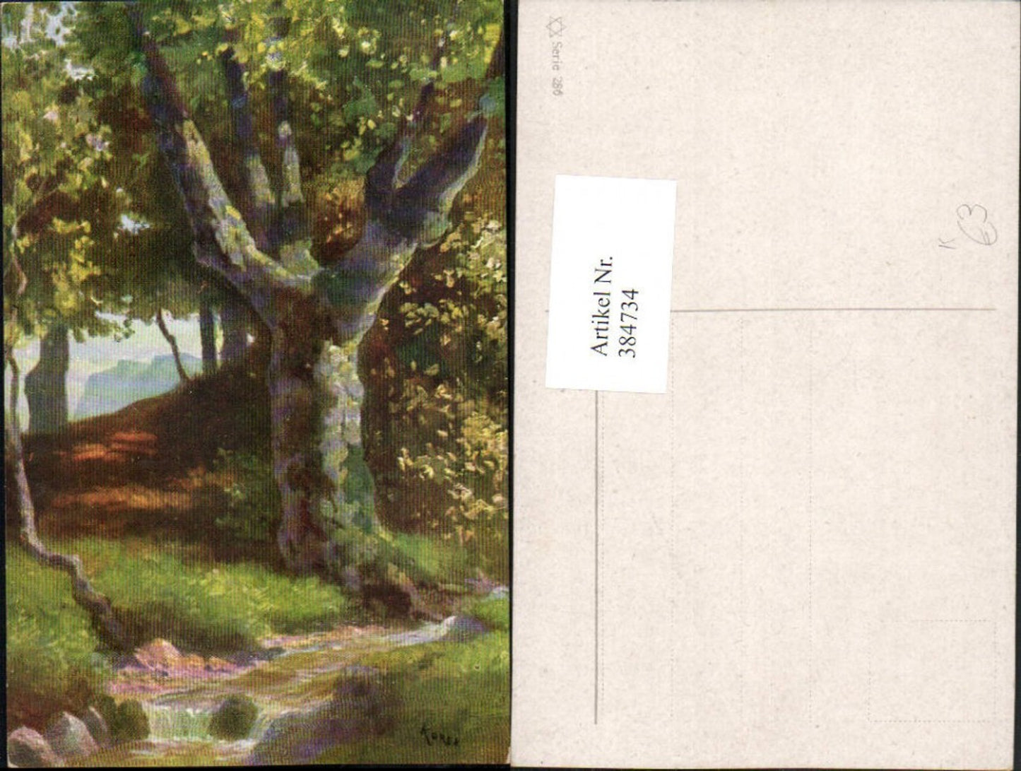384734,Künstler AK Landschaft Bach Bäume