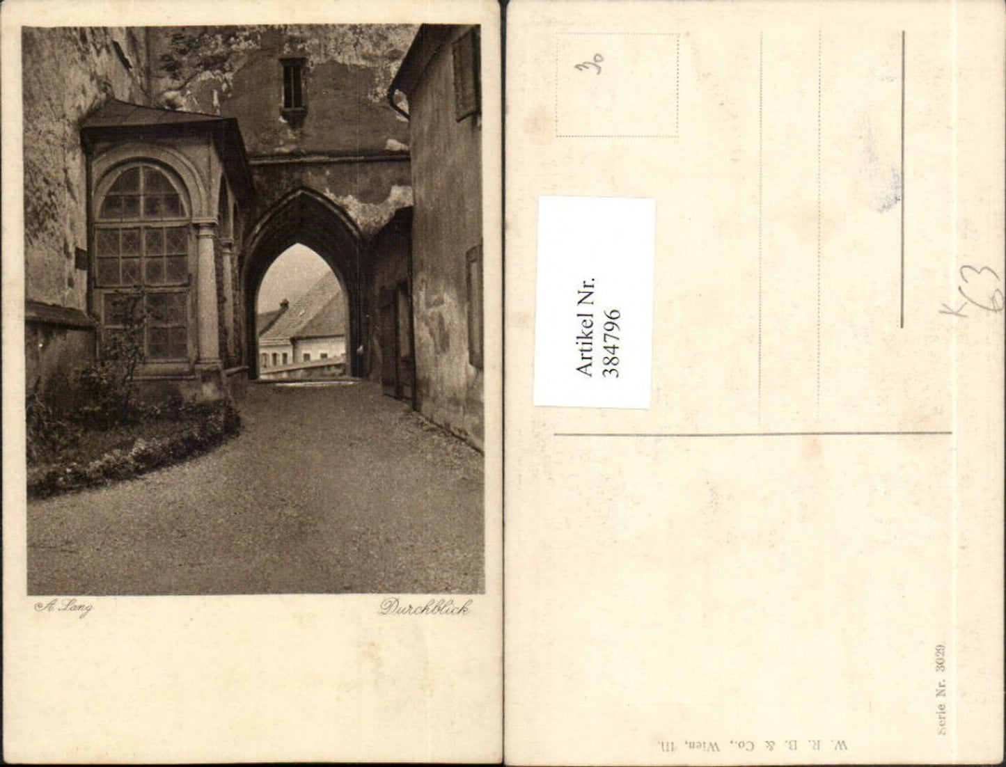384796,Künstler AK A. Lang Durchblick Straßenansicht Tor