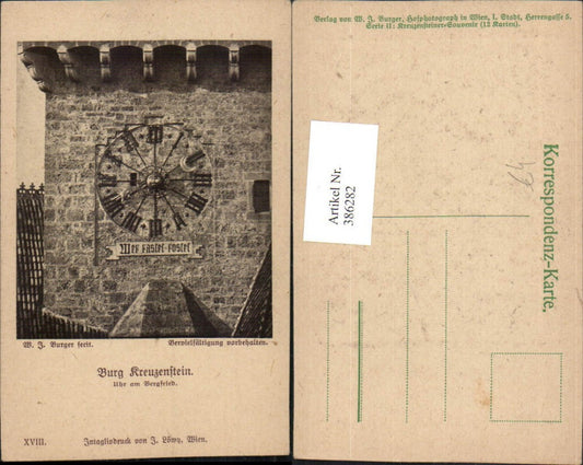 386282, Artist AK WJ Burger Kreuzenstein Castle near Leobendorf Sundial Clock on the Keep