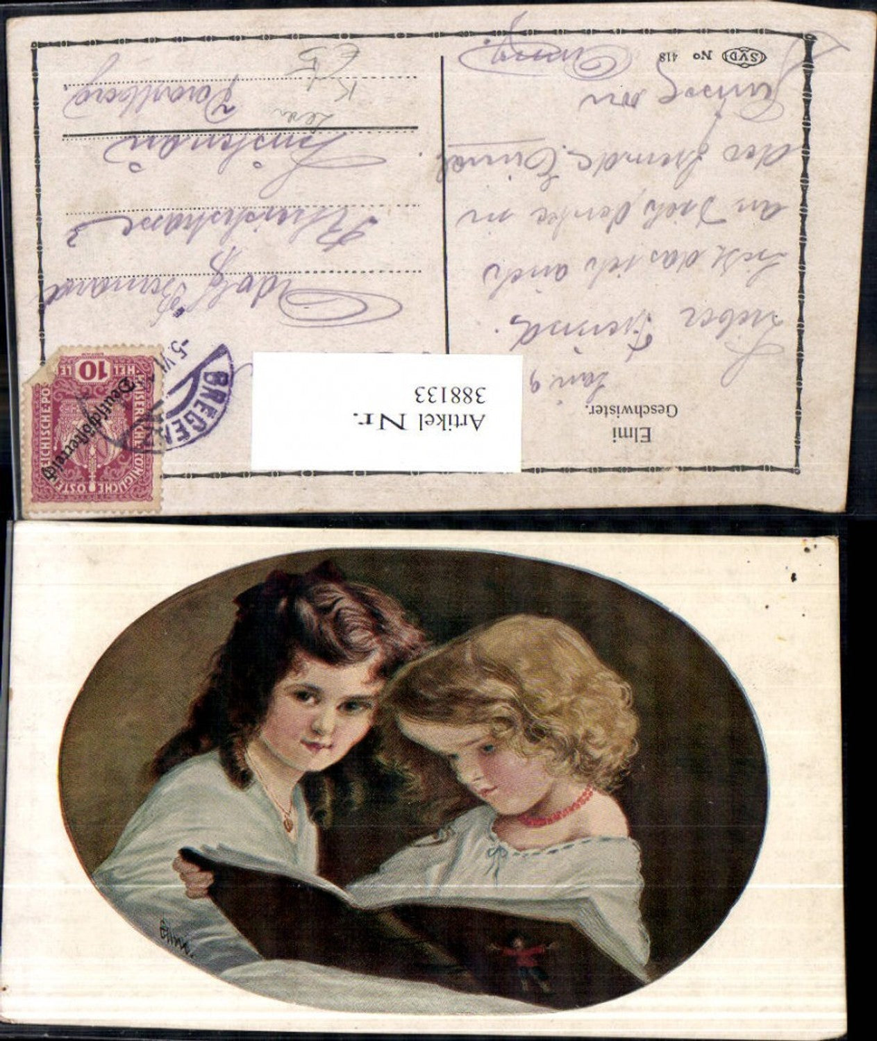 388133,Künstler Ak Elmi Geschwister Kinder Mädchen Lockenköpfe Lesen Buch Passepartout