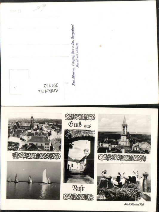 391752, Rust partial view church storks nest sailboats multi-view postcard 