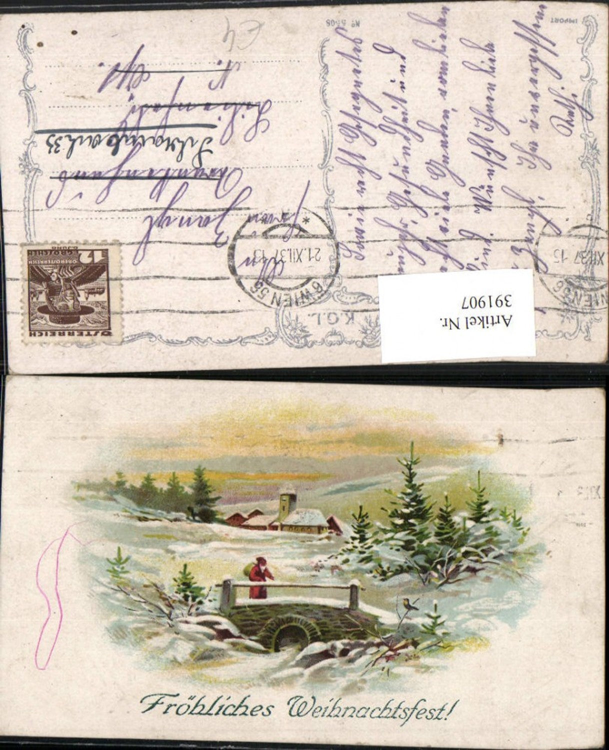 391907, Artist AK Christmas Winter Landscape Bridge Village