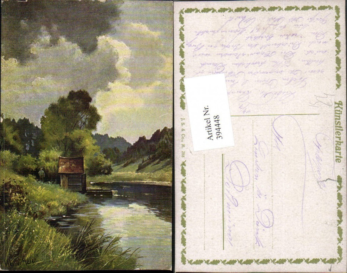 394448,Künstler AK Werner Meier Landschaft Teich Hütte