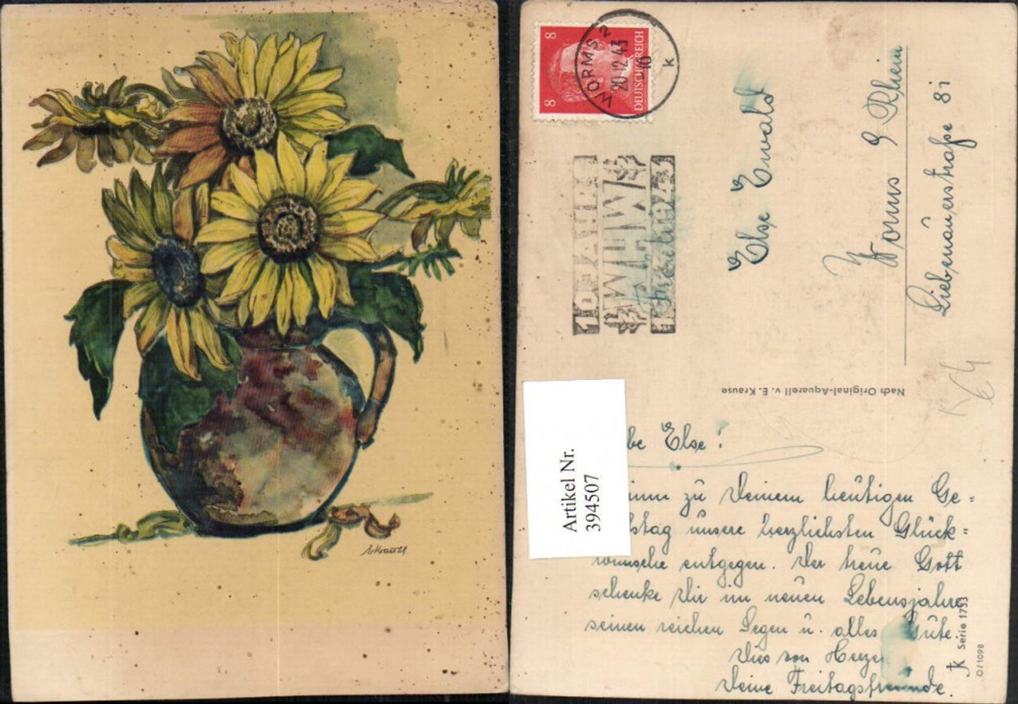 394507,Künstler AK E. Krause Sonnenblumen Blumen Vase