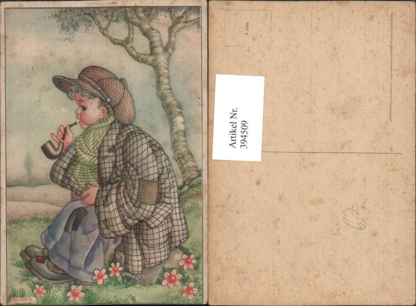 394509,Künstler AK Klinks Junge Bub m. Mütze Pfeife Blumen Baum