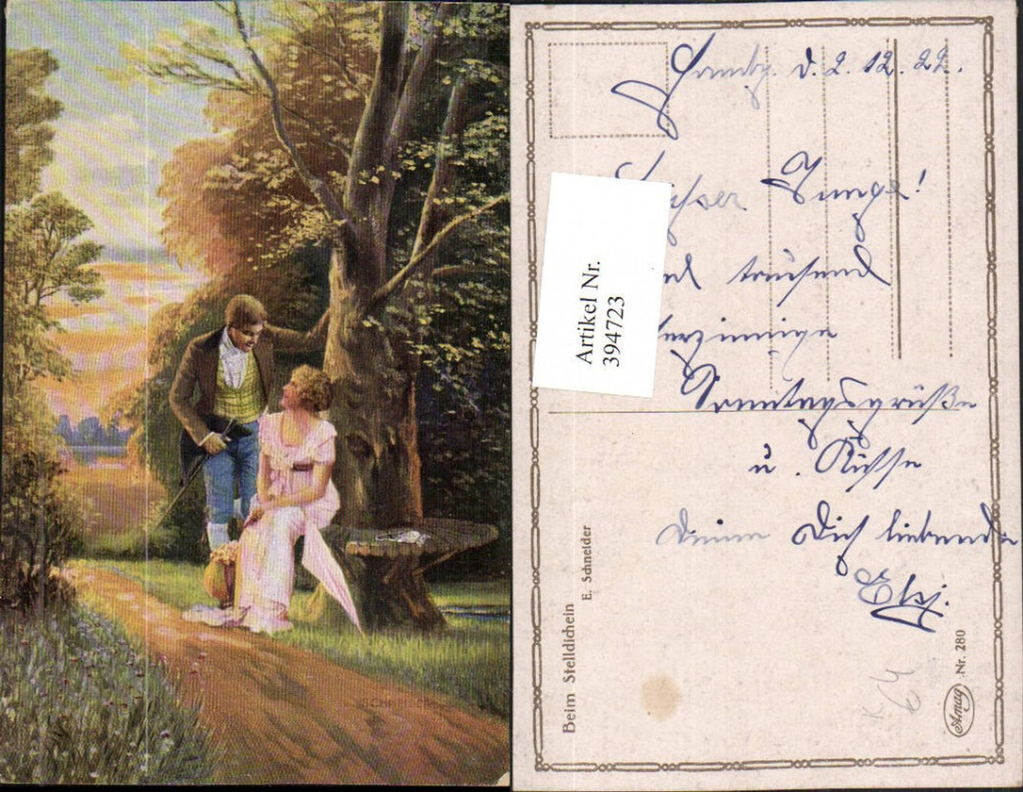 394723,Künstler AK E. Schneider Beim Stelldichein Liebe Paar Baum