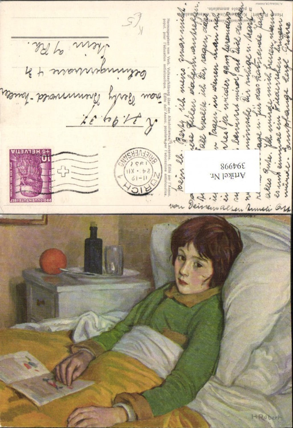 394998,Künstler AK Henri Robert Krankes Kind Bett