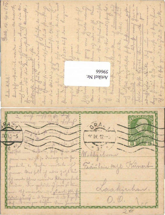 59666, Postcard sent from Graz to Laakirchen, Gmunden, 1912
