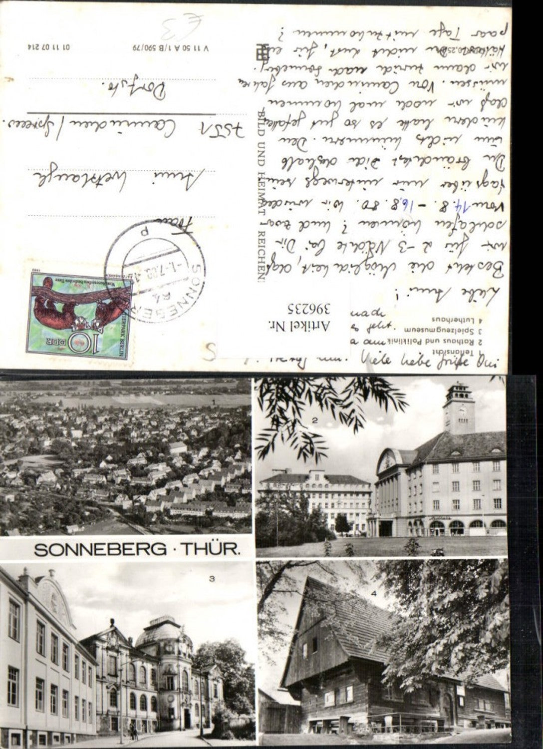 396235,Sonneberg Totale Rathaus Poliklinik Spielzeugmuseum Lutherhaus Mehrbildkarte