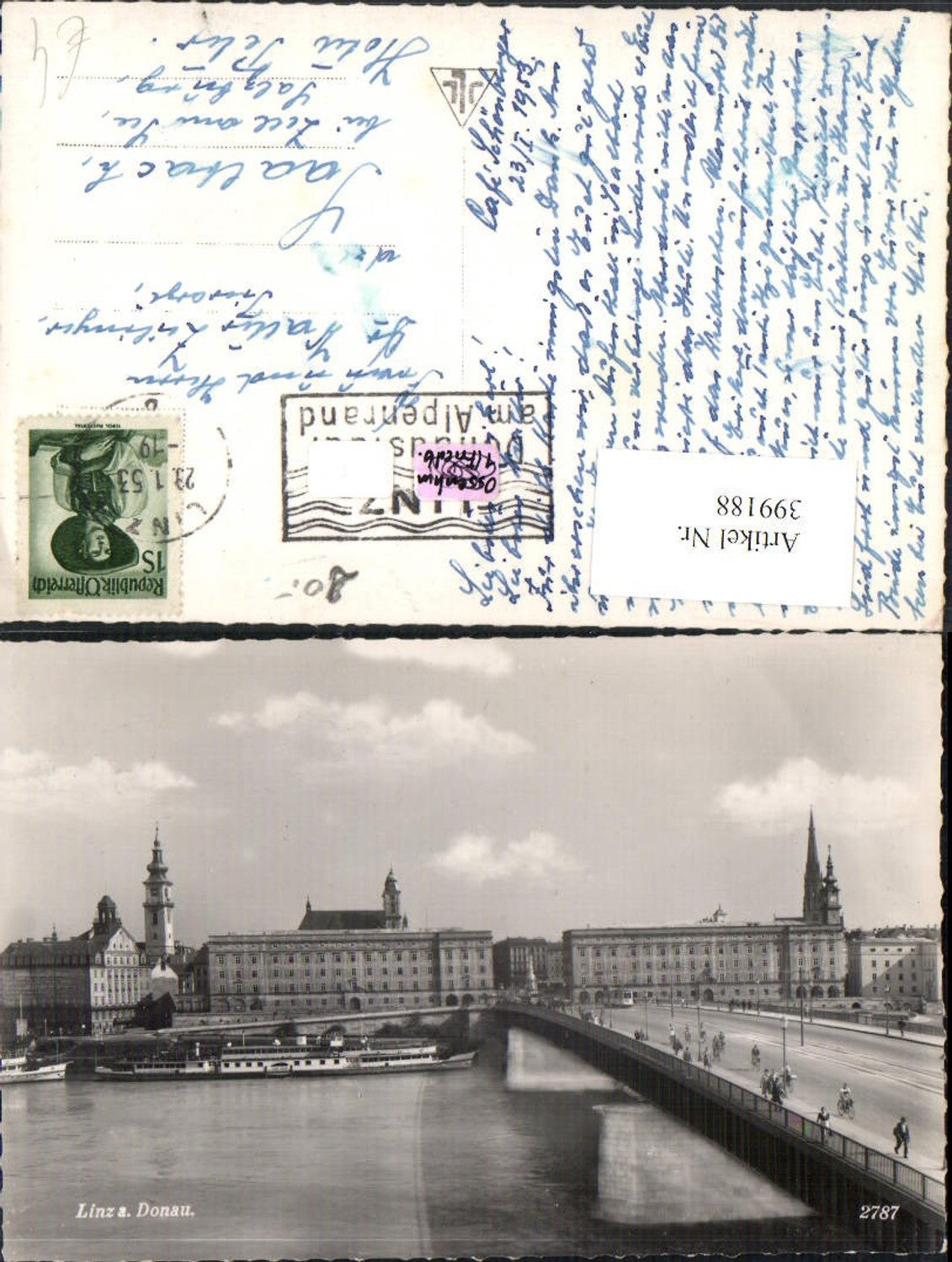 399188, Linz on the Danube, partial view of the bridge and steamer
