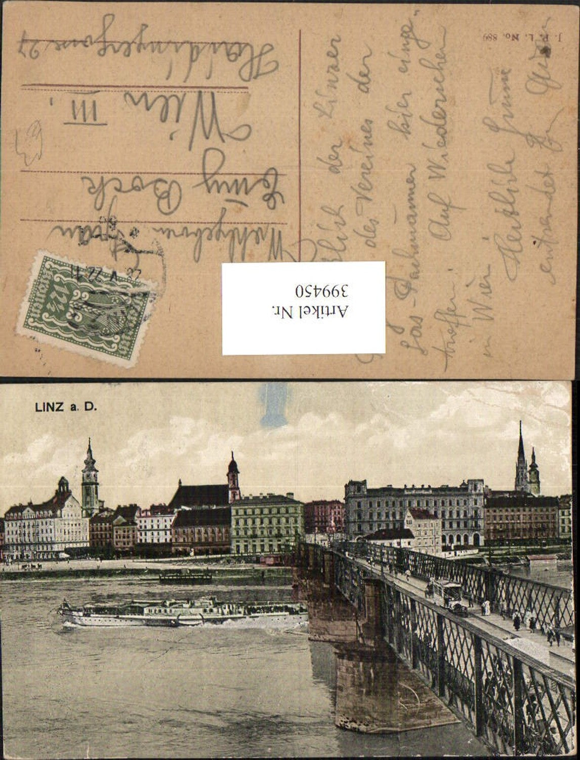 399450, Linz on the Danube, partial view of bridge and ship