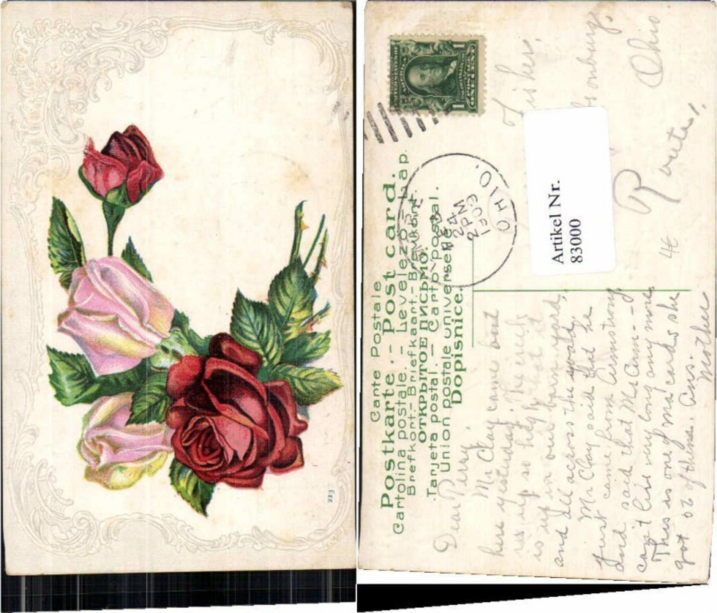 83000, Great embossed lithograph roses flowers Art Nouveau