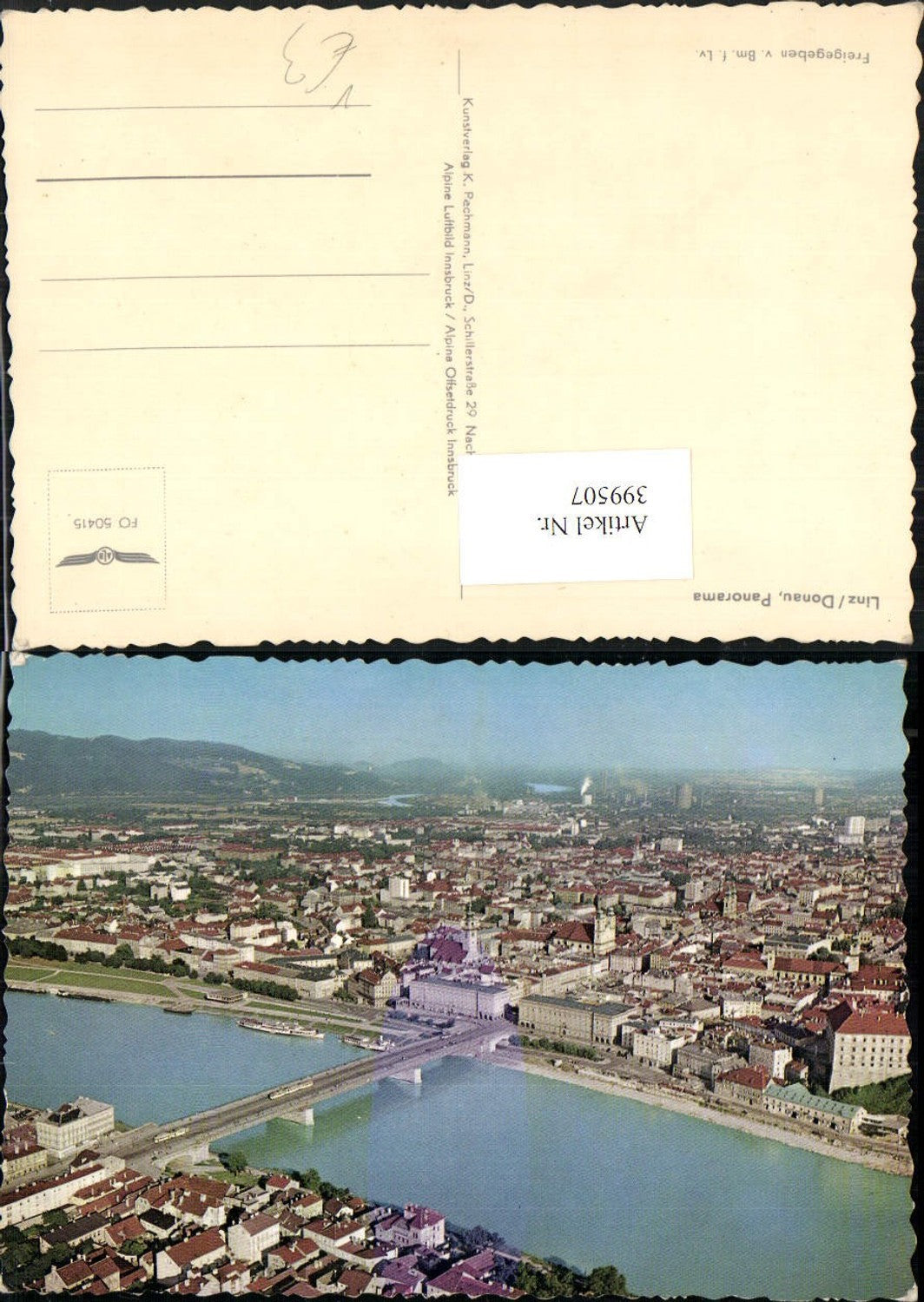 399507, Linz on the Danube, Total view of the bridge, Alpine aerial photograph 50415