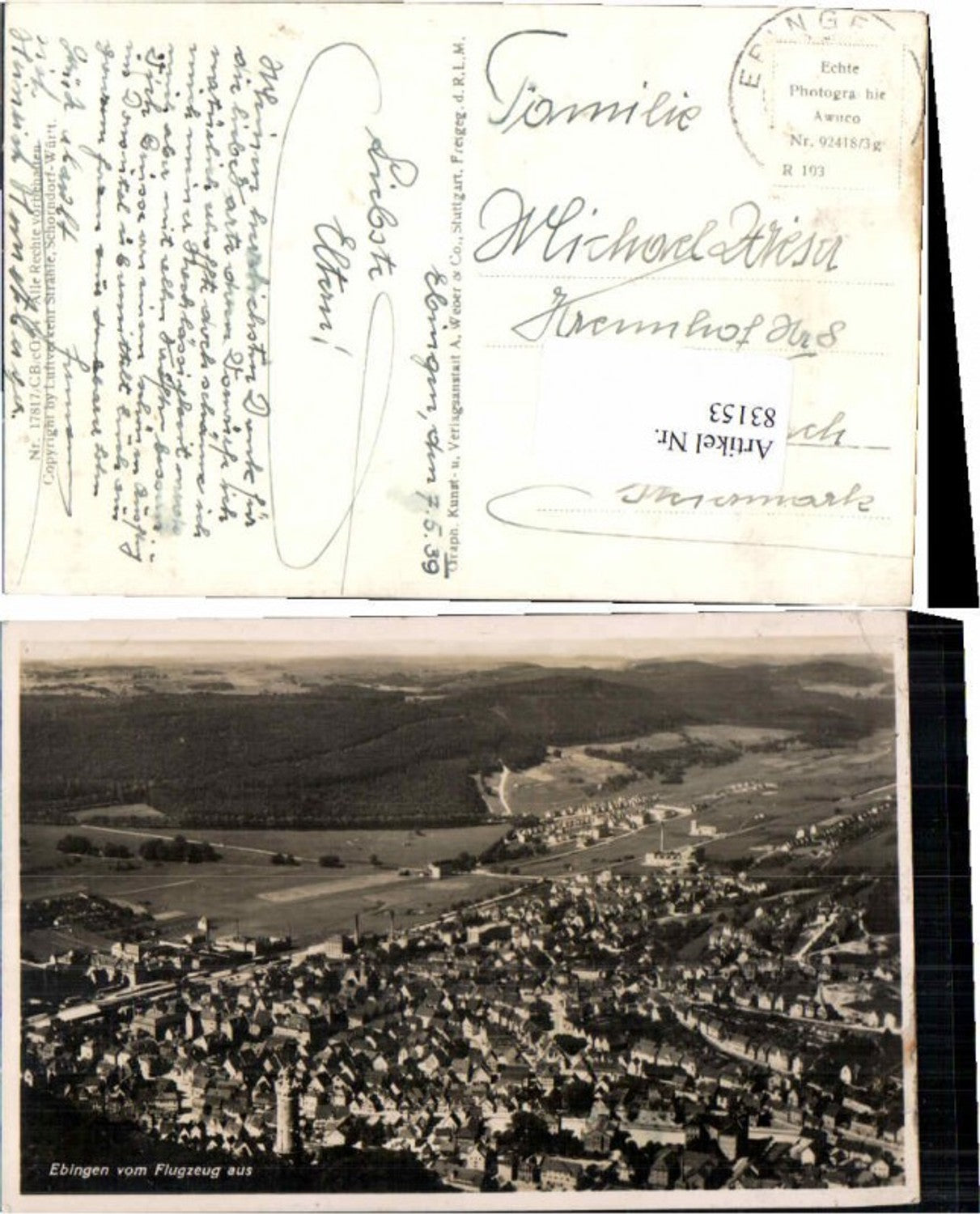 83153, Aerial photograph of Ebingen around 1939 Albstadt
