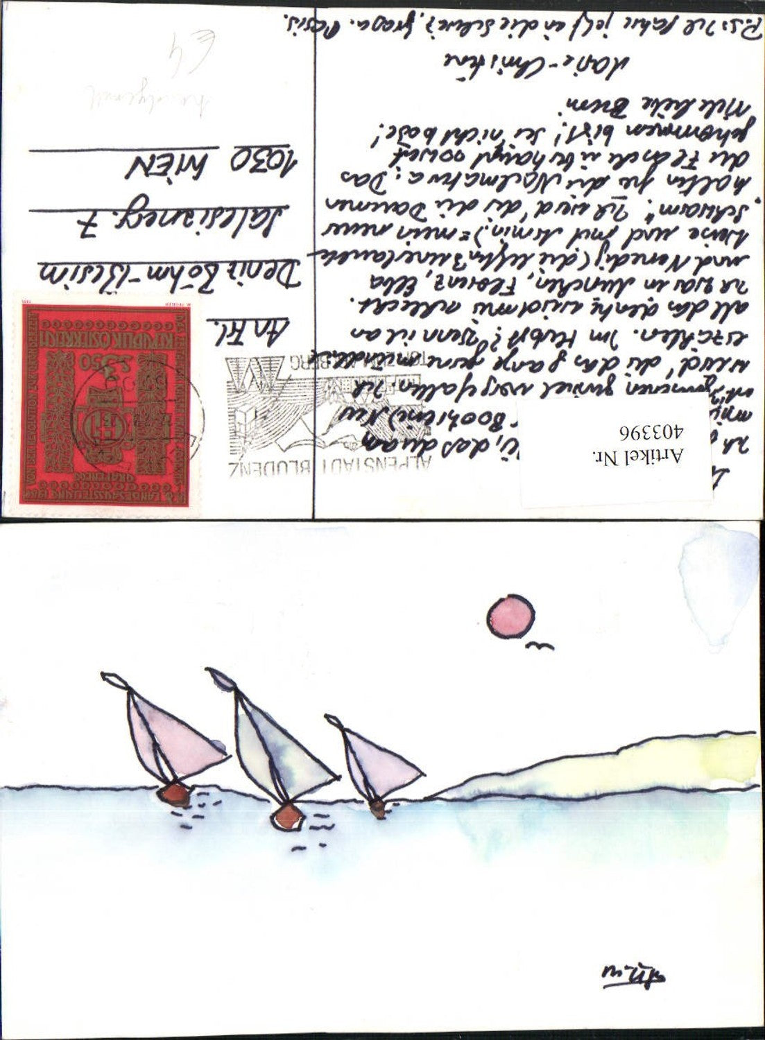 403396, Artist AK Hand-painted Lake Sailboats Boats Sun
