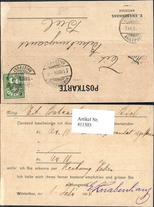 411503,Postal stationery E. Knabenhans Winterthur Switzerland Advertising imprint