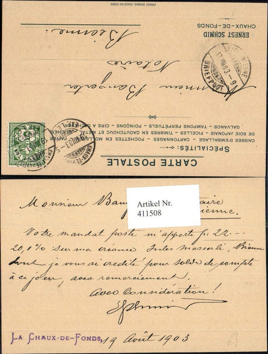 411508, Postal stationery Ernest Schmid Chaux-De-Fonds Switzerland Advertising imprint