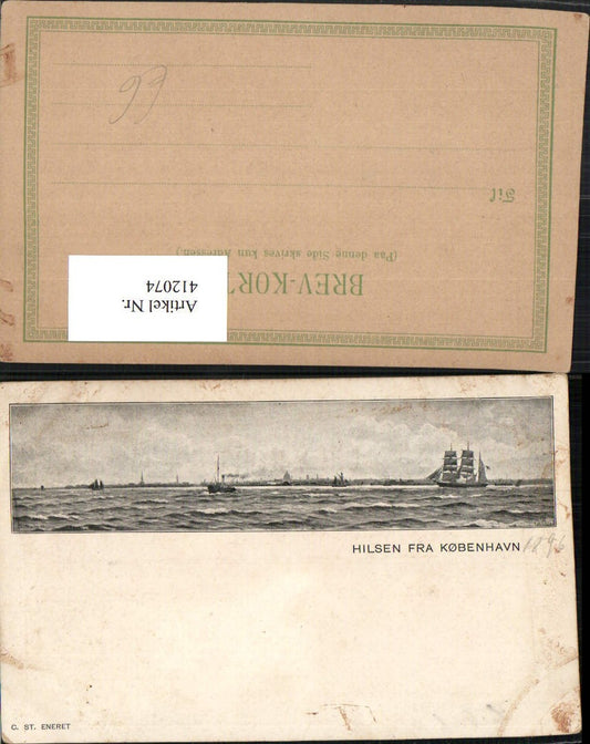 412074, Artist AK Denmark Copenhagen Greetings Mrs. Copenhagen Sailing ship