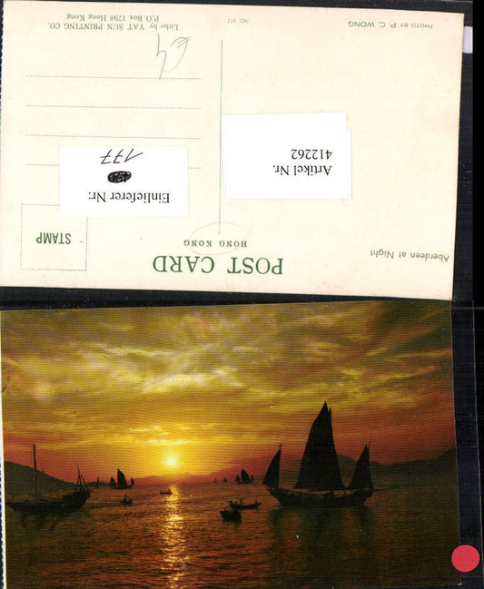 412262, China Hong Kong Aberdeen at Night Sunset Sailboats Boats