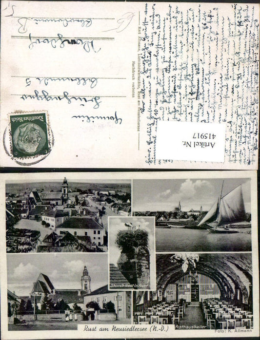 415917, Rust on Lake Neusiedl, overall view of a sailboat, stork's nest, church, town hall cellar, multi-view postcard