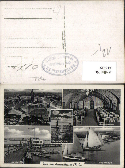 415919, Rust on Lake Neusiedl, overall view of the town hall cellar, beach, sailboats, multi-view postcard 