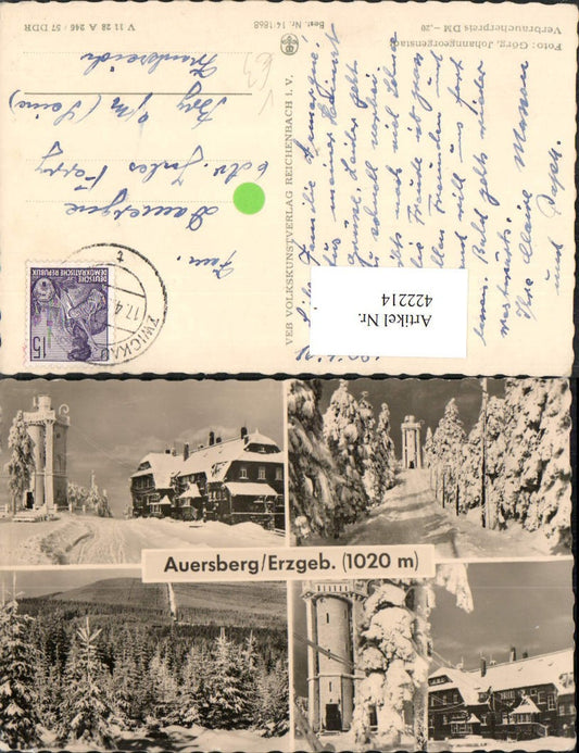 422214, Auersberg in the Ore Mountains, observation tower, mountain hut, winter pictures, multi-image postcard, VEB