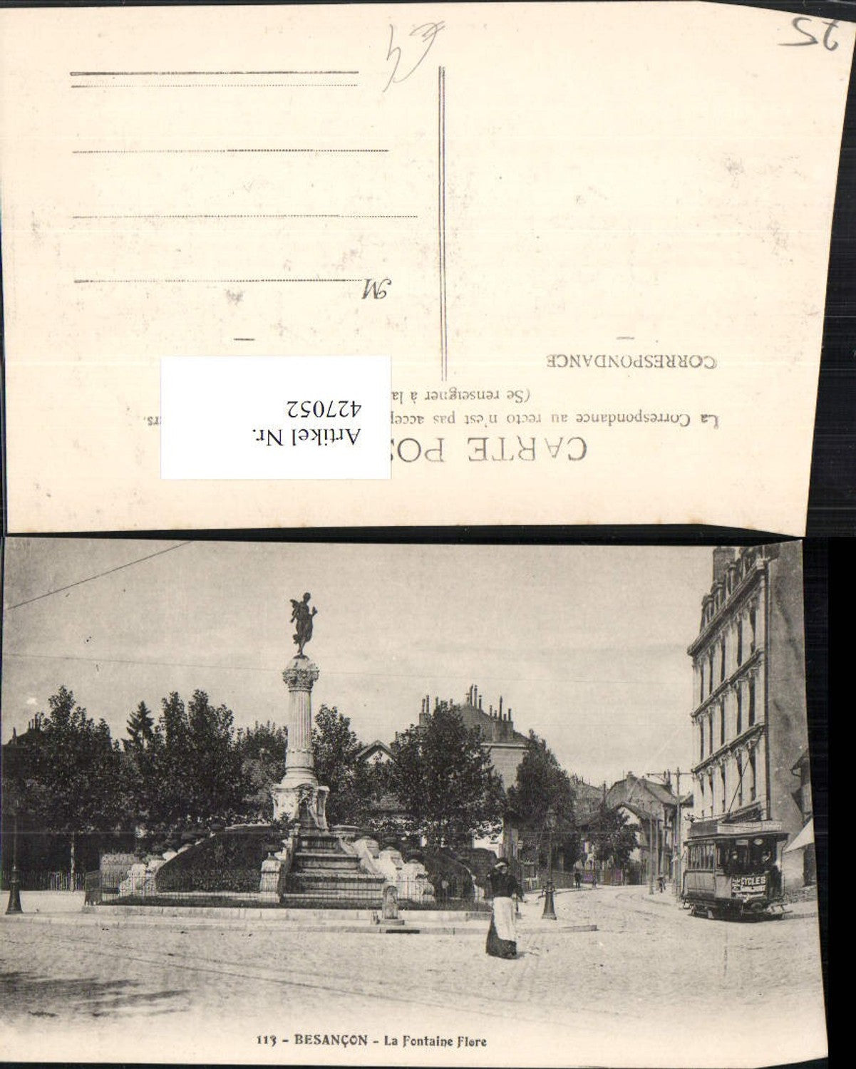 427052,Franche-Comte Doubs Besancon La Fontaine Flore Brunnen Säule Straßenbahn