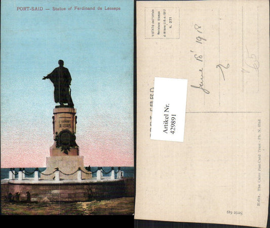 429891,Egypt Port Said Statue of Ferdinand de Lesseps memorial pub Post-Card Trust 0164