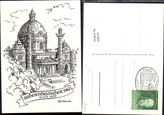 430191, Artist Ak W. Kurasch Sudeten German Day Vienna 1959 Karlskirche Stamp
