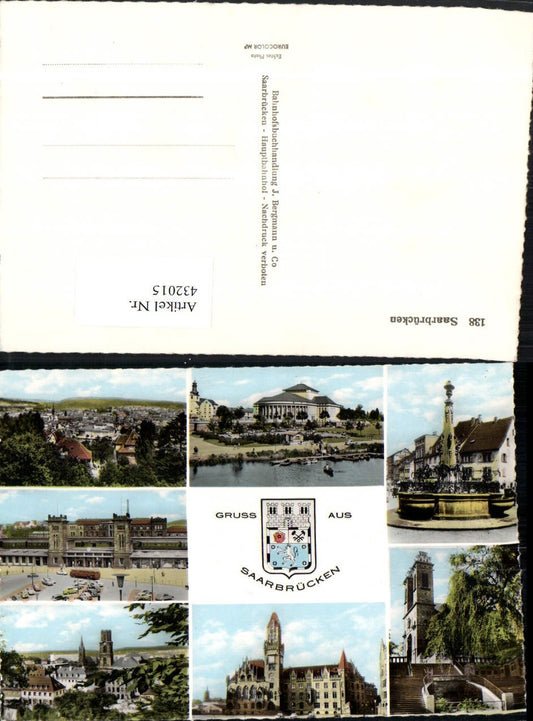 432015, Saarbrücken: Overview of the train station, fountain, church, town hall, multi-view map