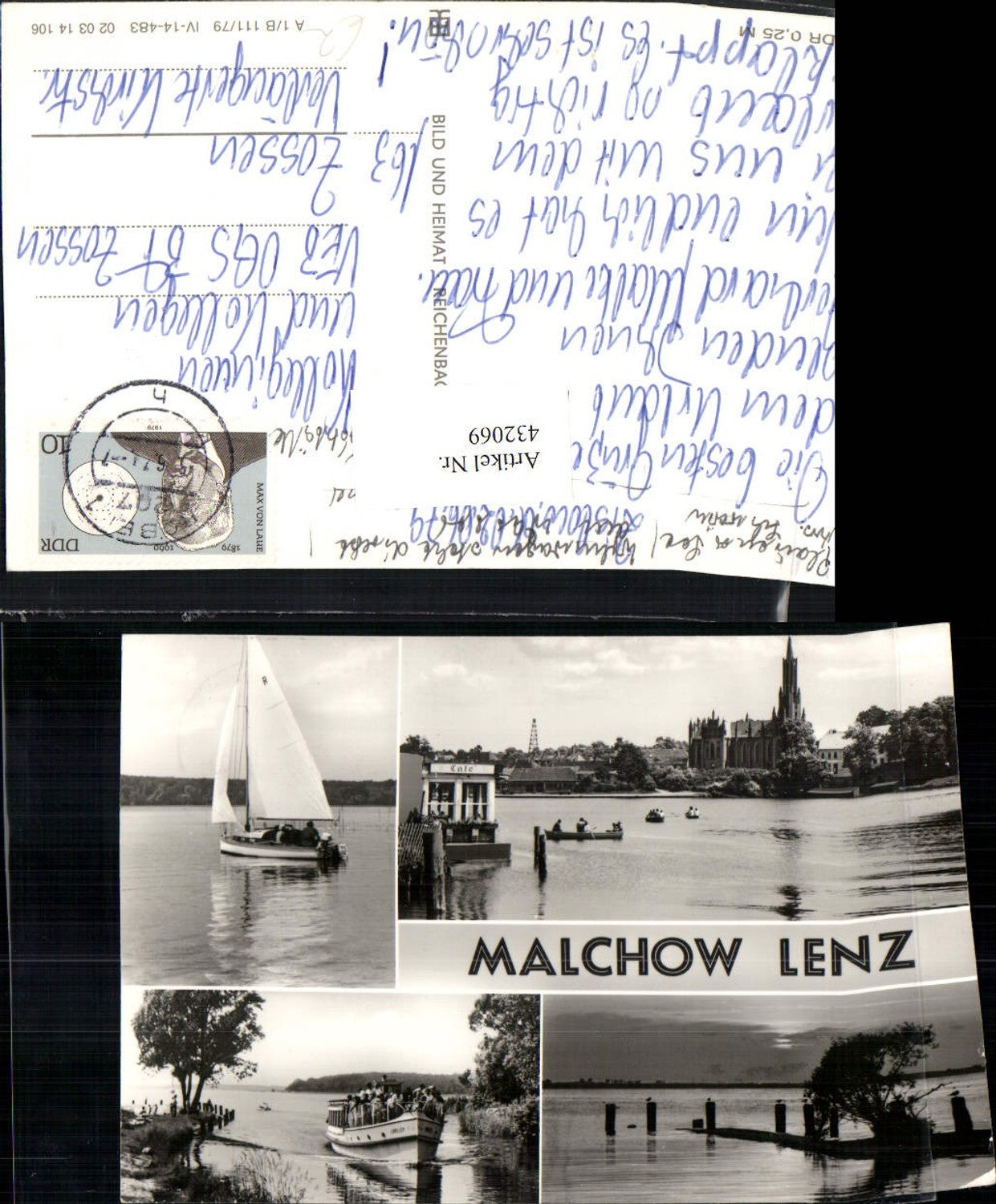 432069, Malchow Lenz Partial view Church Sailboat Boat Multi-view map 