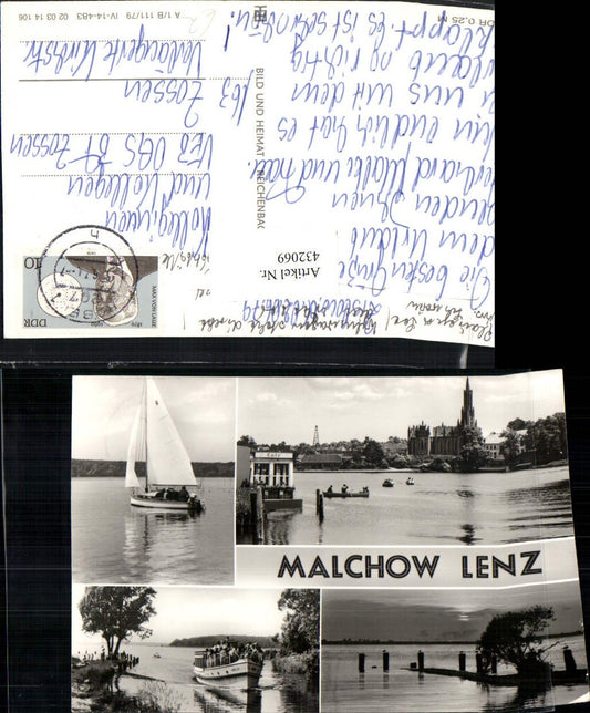432069,Malchow Lenz Teilansicht Kirche Segelboot Boot Mehrbildkarte