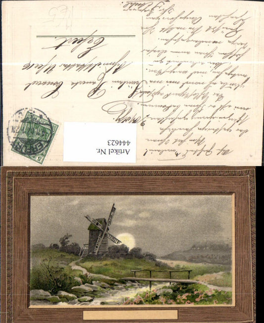 444623, Artist Ak Windmill Bridge Landscape Embossed Passepartout