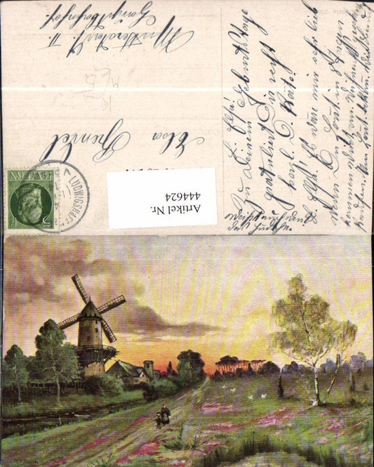 444624, Artist Ak Windmill Woman Child Landscape