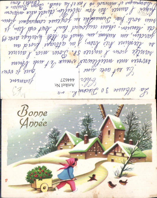 444627, Artist Ak Windmill Child with Pull-Along Cart Birds Snow