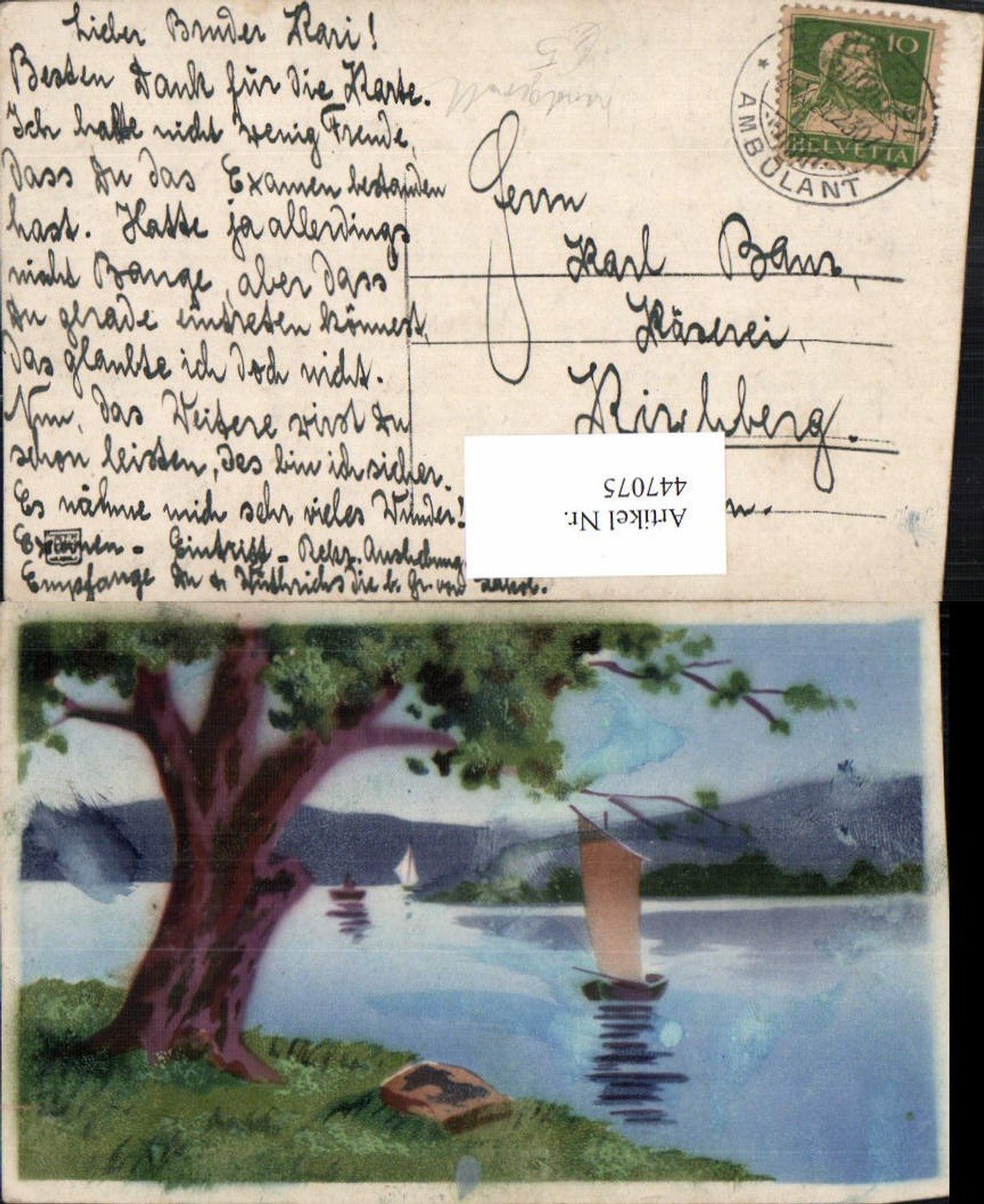 447075, Artist AK Hand-painted Landscape Tree Lake Sailboats