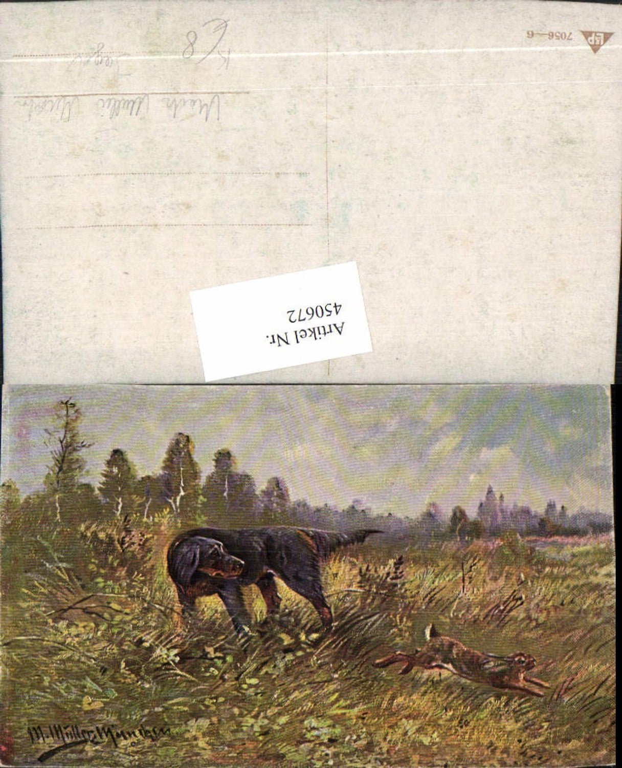 450672,Künstler AK Moritz Müller München Jagd Hund Hase