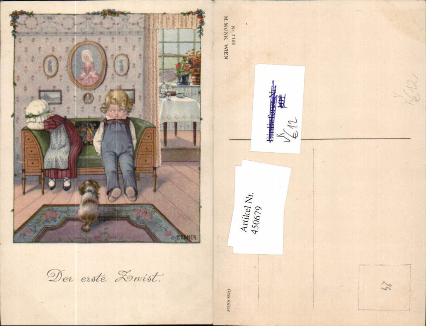 450679,Künstler AK Pauli Ebner Der erste Zwist Kinder Hund pub M. Munk 1158