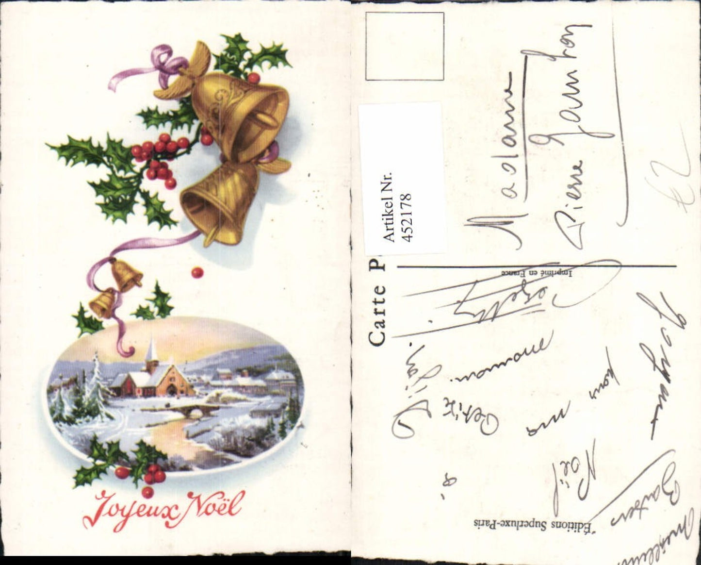 452178, Artist AK Christmas Winter landscape Village Bells Holly