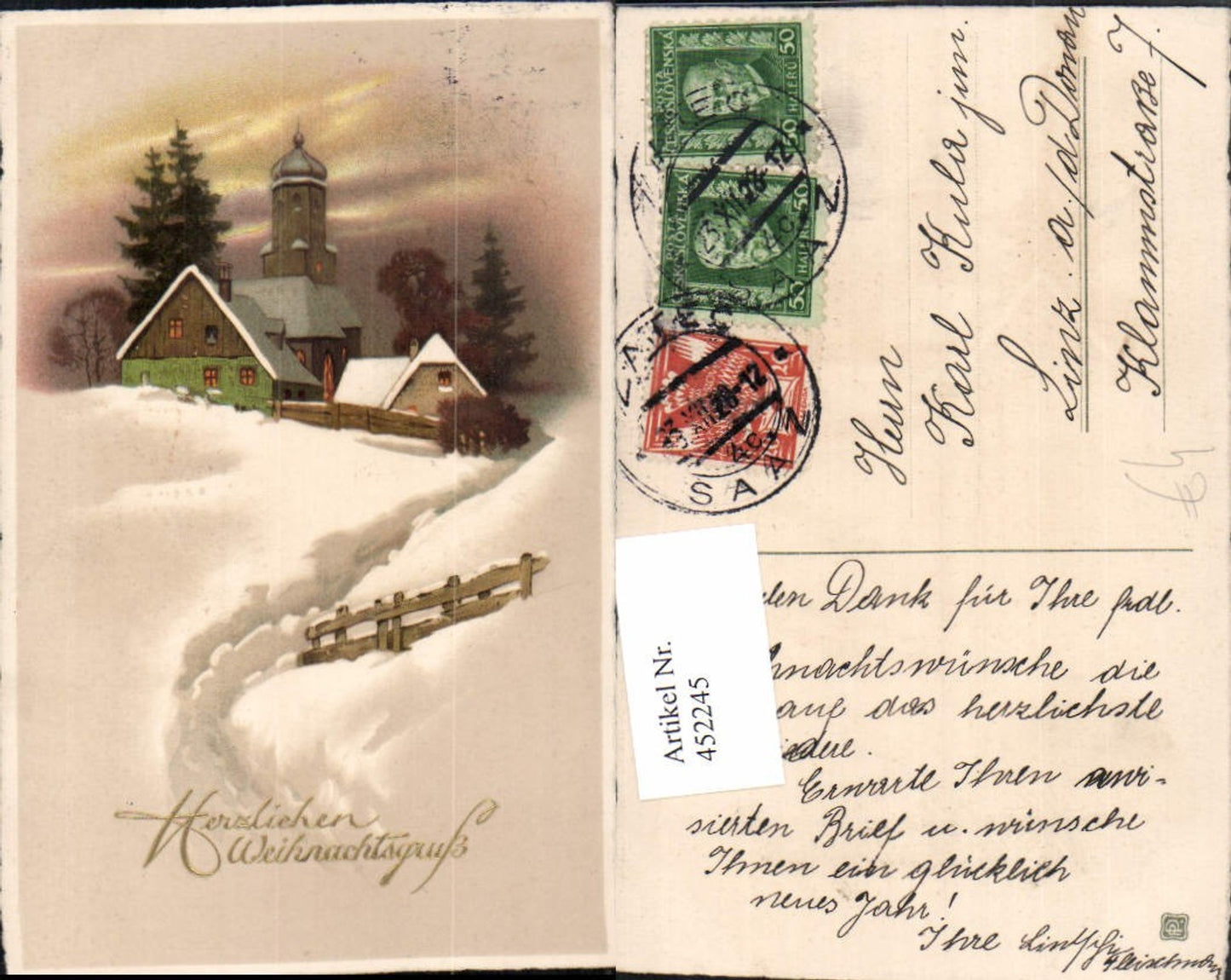 452245, Artist AK Christmas Winter Landscape Village Church