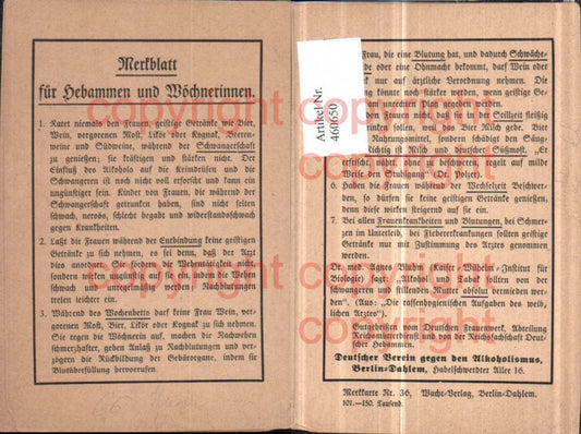 460650,Merkblatt für Hebammen u. Wöchnerinnen Text Alkohol Humor