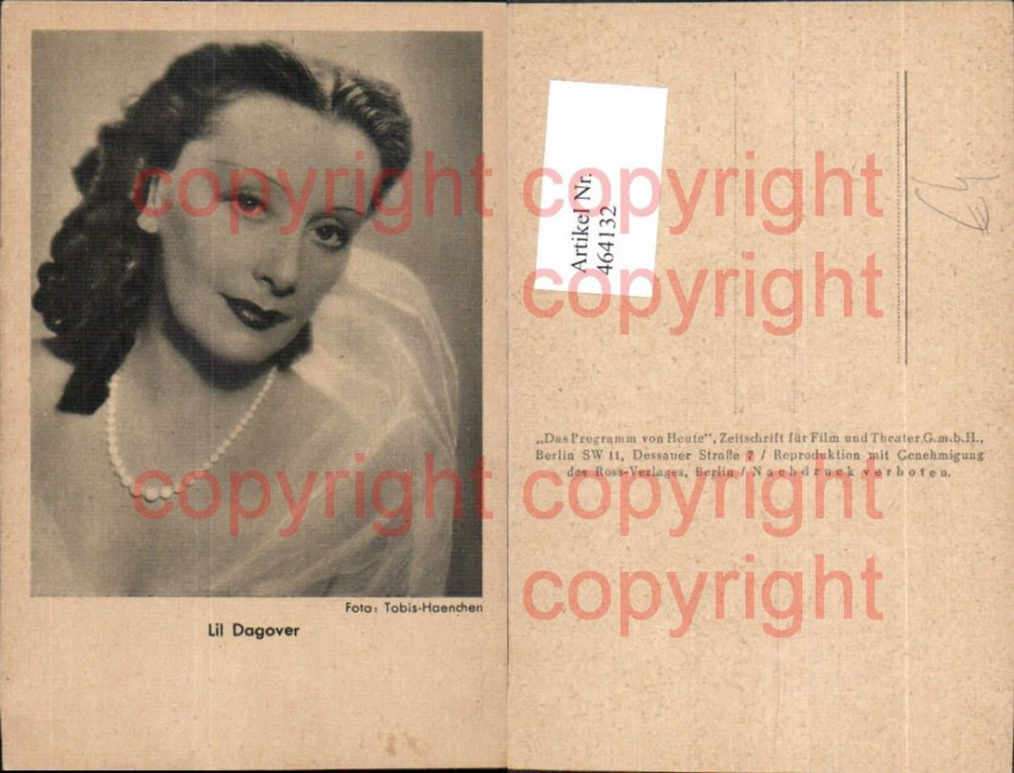 464132, Actress Lil Dagover Pearl Necklace