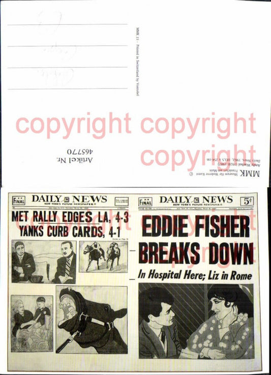 465770,Advertisement Repro Daily News Andy Warhol Newspaper Eddie Fischer Break Down
