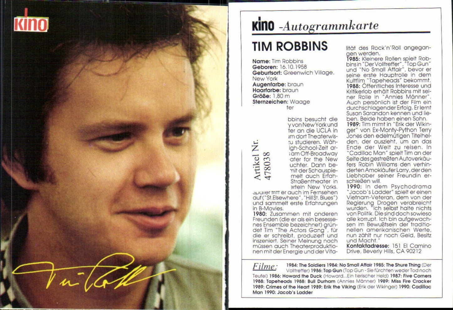 478038, Actor Tim Robbins movie autograph card