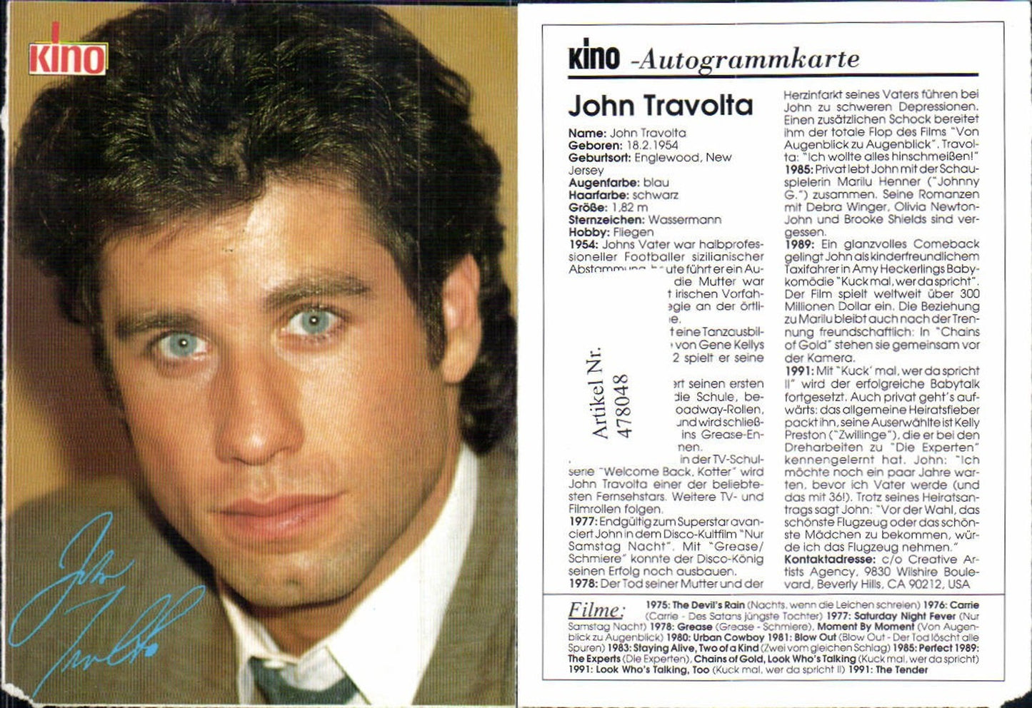 478048, Actor John Travolta movie autograph card