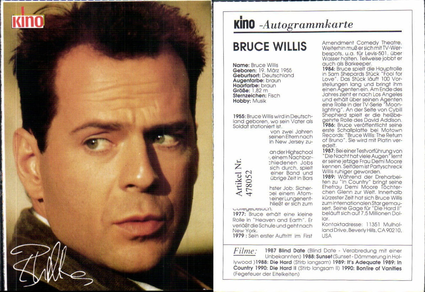 478052, Actor Bruce Willis movie autograph card