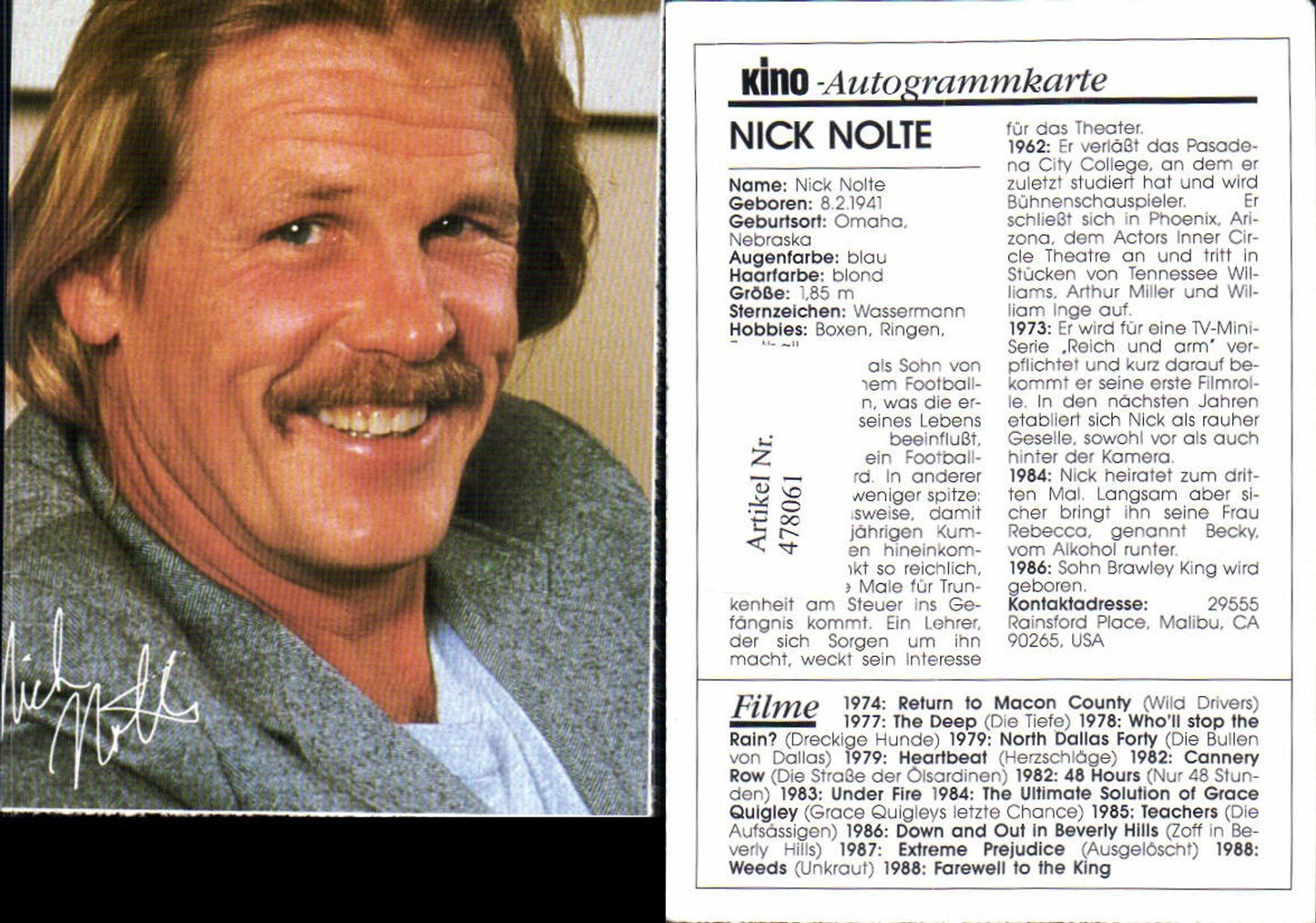 478061, Actor Nick Nolte Cinema Autograph Card