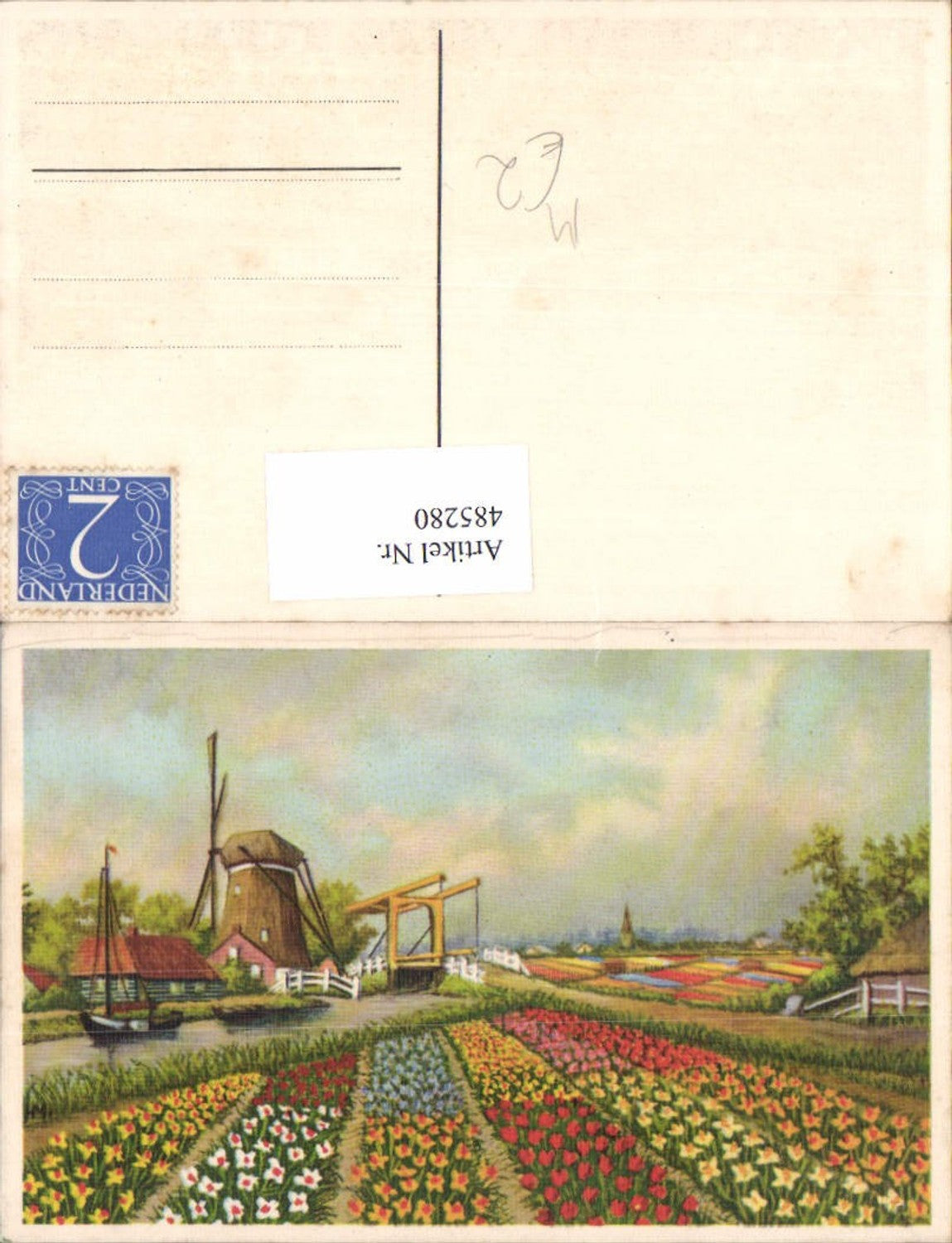 485280, Artist Ak Windmill Sailboat Flowers Daffodils Tulips