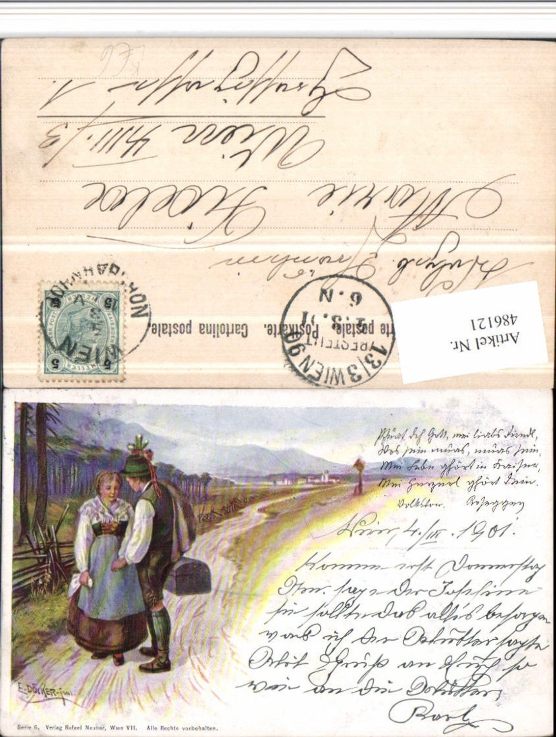 486121,Künstler Litho E. Döcker jun. Liebe Paar Tracht Wegpartie